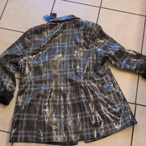 NWT Torrid Sequin Button Front Blazer Plaid blue black satin interior size L - Picture 10 of 14